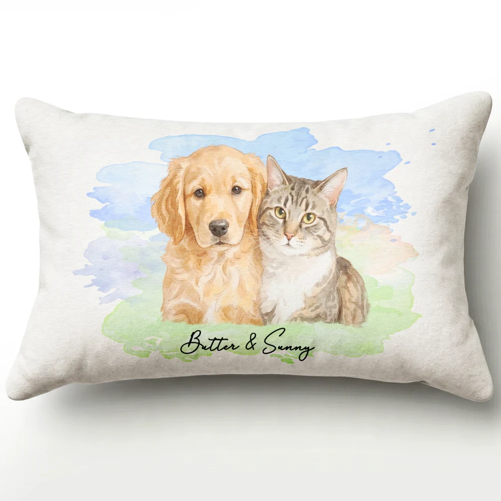 Custom Photo, Art Design, Pet Lovers, Cozy, Photo - Watercolor - Remove BG - Custom Photo Realistic Watercolor Art Portrait Cat Dog Pet - Personalized Pillow