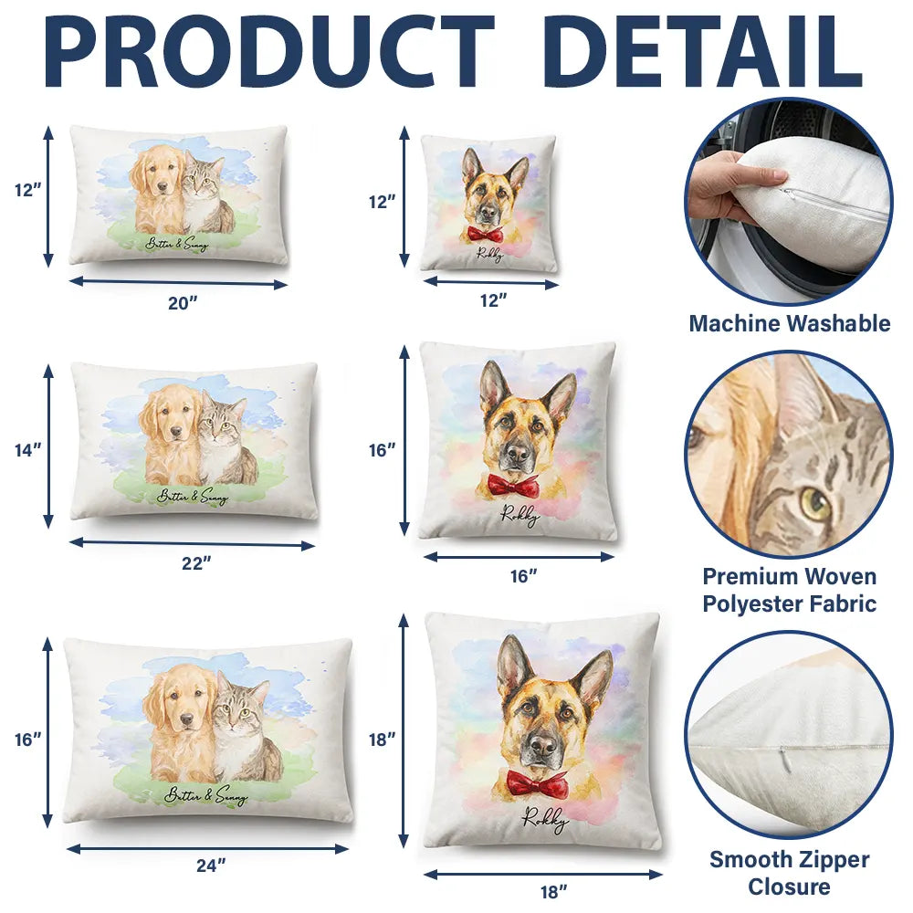 Custom Photo, Art Design, Pet Lovers, Cozy, Photo - Watercolor - Remove BG - Custom Photo Realistic Watercolor Art Portrait Cat Dog Pet - Personalized Pillow