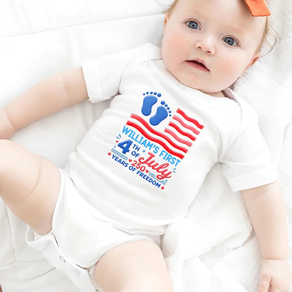 Gift For Baby,America 250th,Independence Day,Top Market,Adorable,Custom Text - Baby's First 4th Of July 250 Years Of Freedom - Personalized Baby Onesie