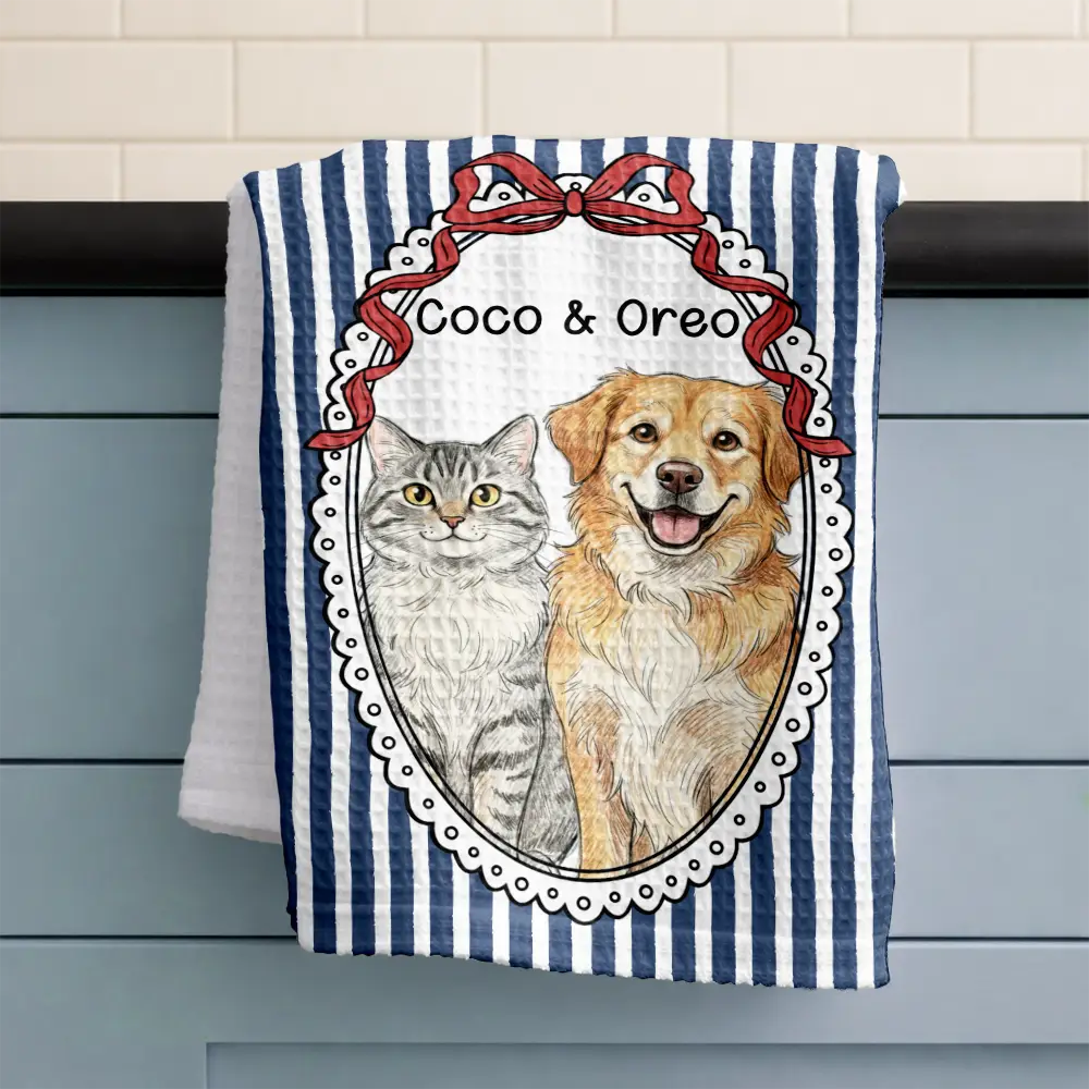 Custom Photo, Art Design, Pet Lovers, Playful, Photo - Colored Pencil - Custom Photo Colored Pencil Sketch Vintage Dog Cat Pet - Personalized Kitchen Towel