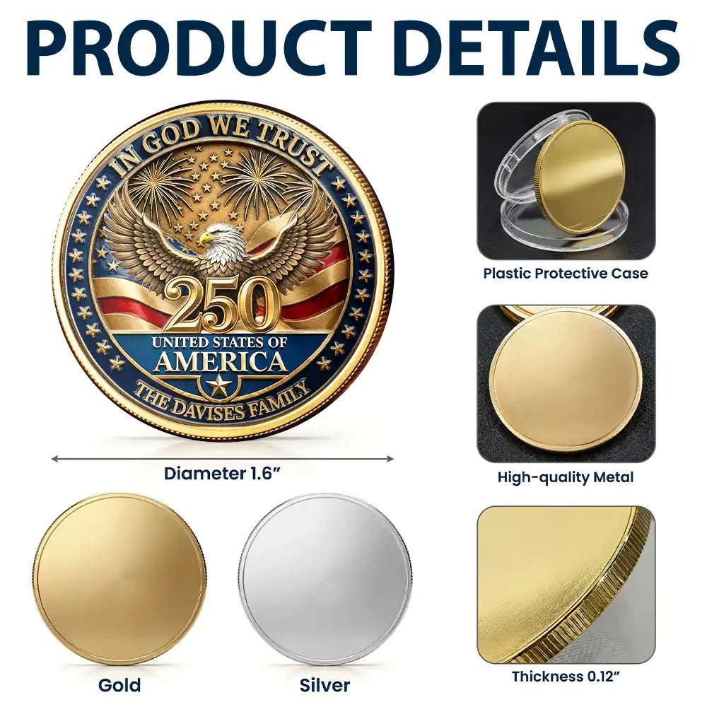 America 250th, Custom Photo, Independence Day, Family, Proud, Upload Full Photo, Custom Text - Custom Photo Family America In God We Trust - Personalized Commemorative Keepsake Coin