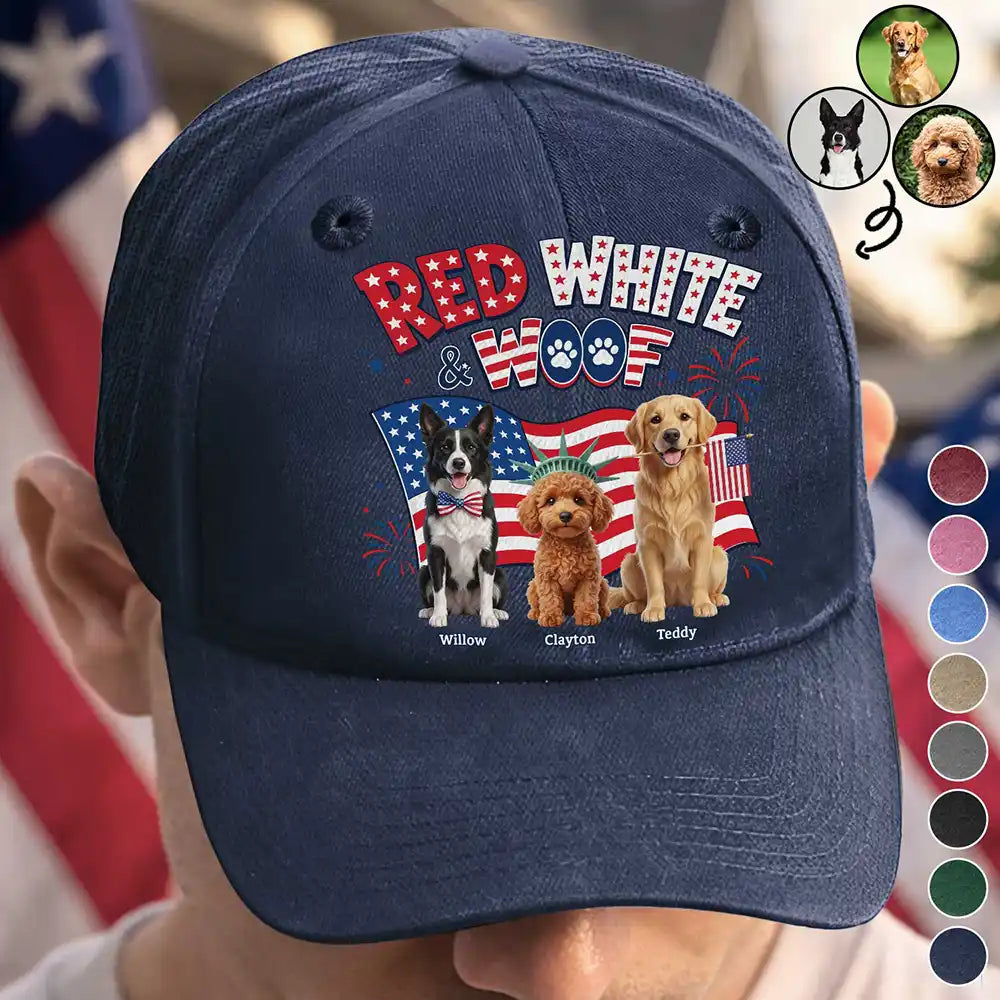 America 250th,Custom Photo,Independence Day,Art Design,Pet Lovers,Playful,Photo - US Theme Accessories 3D Cartoon - Custom Photo 3D Cartoon With US Accessories Red White Woof - Personalized Vintage Washed Denim Cap