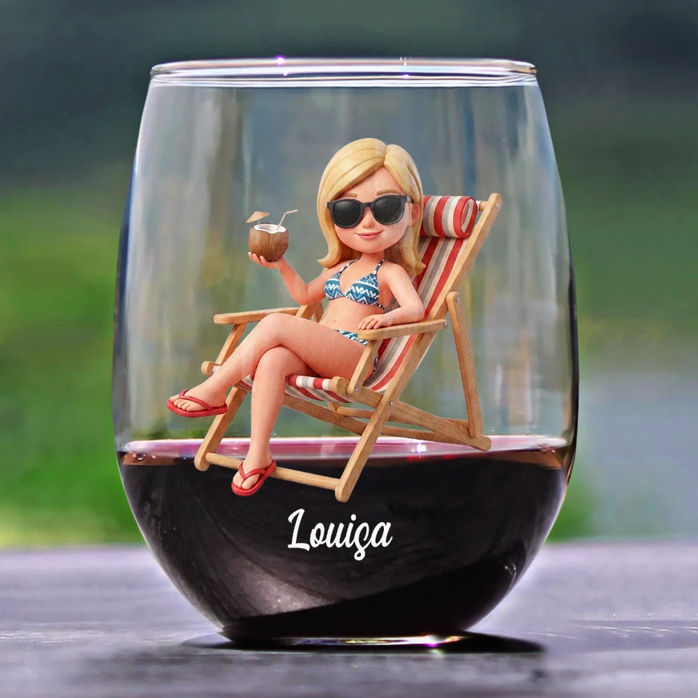 Custom Photo, Art Design, Summer, Teacher, Retirement, Humorous, Photo - Beach Chair 3D Effect - Custom Photo 3D Summer Concept School Is Out Forever Retired And Loving It - Personalized Stemless Wine Glass