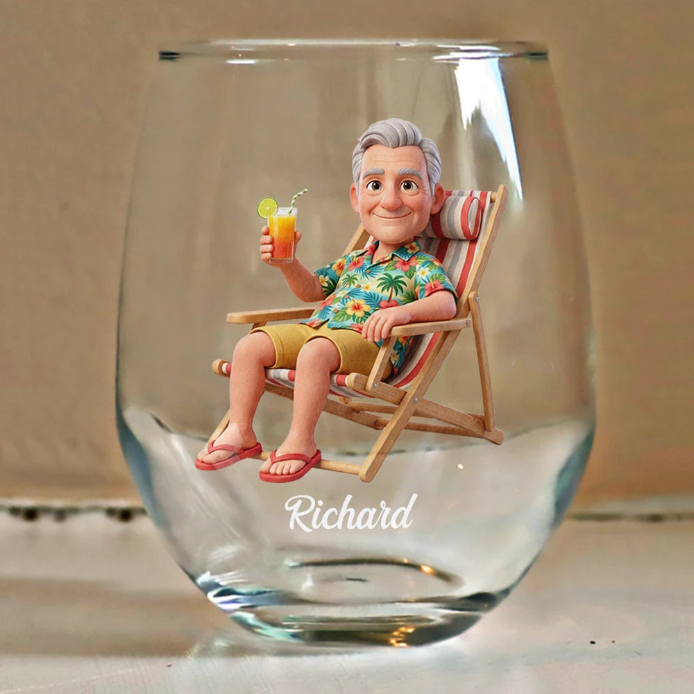 Custom Photo, Art Design, Summer, Teacher, Retirement, Humorous, Photo - Beach Chair 3D Effect - Custom Photo 3D Summer Concept School Is Out Forever Retired And Loving It - Personalized Stemless Wine Glass
