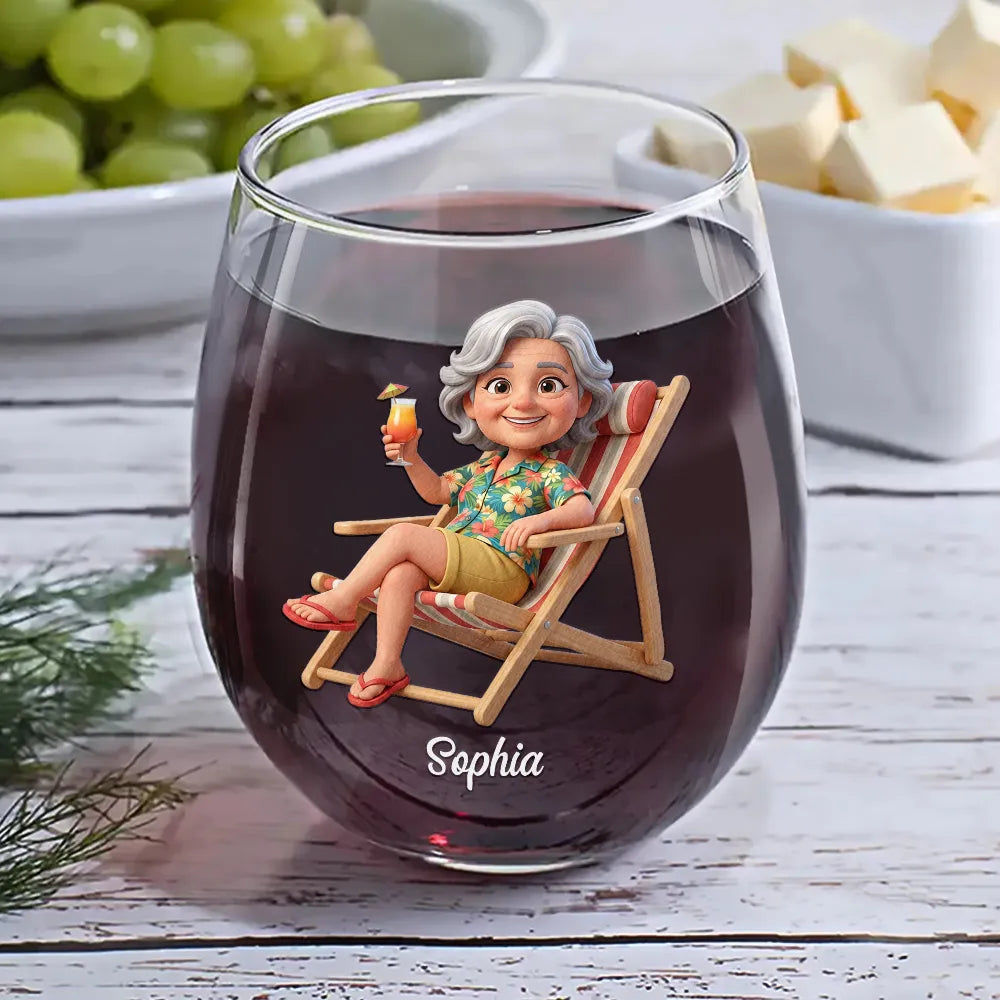 Custom Photo, Art Design, Summer, Teacher, Retirement, Humorous, Photo - Beach Chair 3D Effect - Custom Photo 3D Summer Concept School Is Out Forever Retired And Loving It - Personalized Stemless Wine Glass