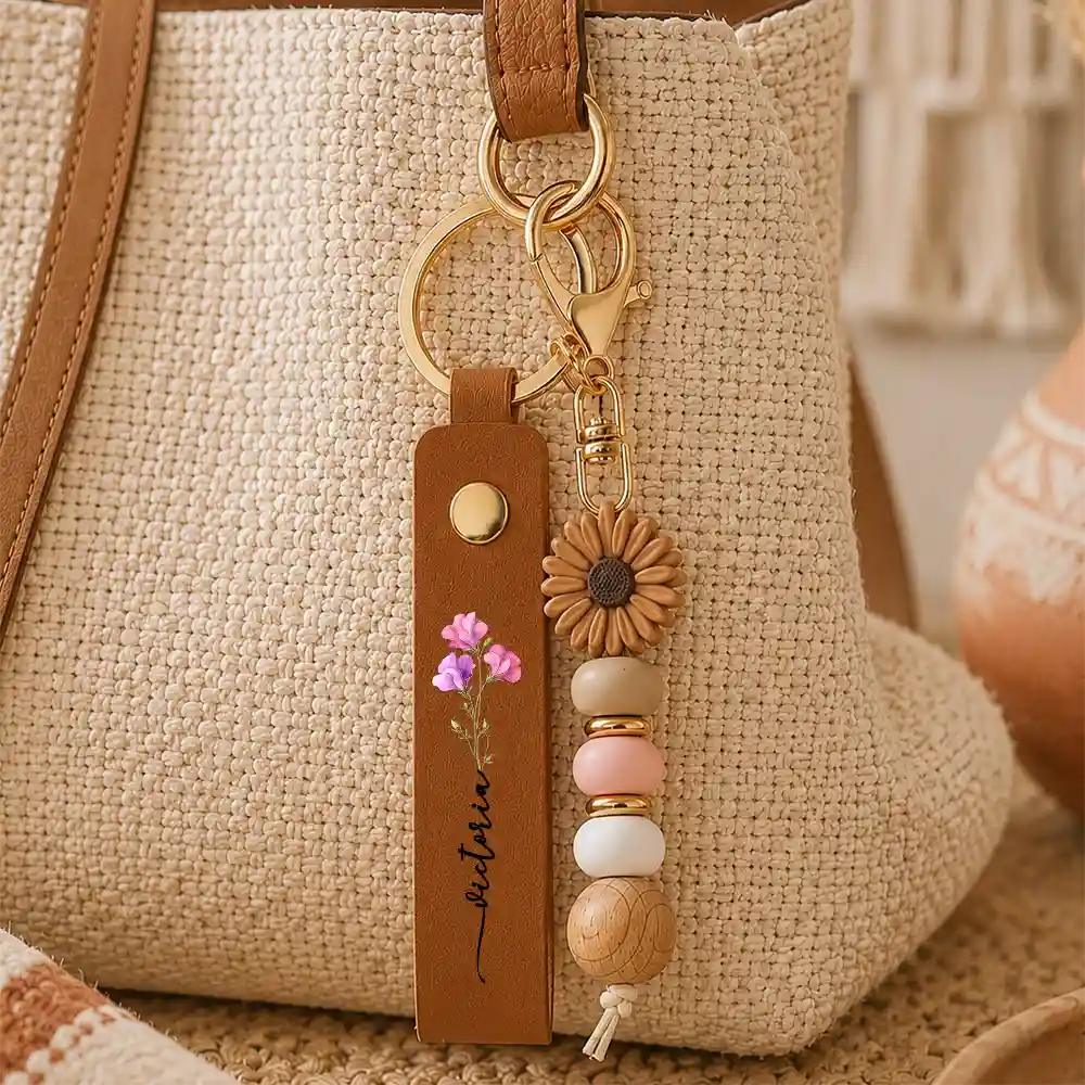 Confident, Icon - Birth Month Flower With Name - Personalized Leather Beaded Keychain