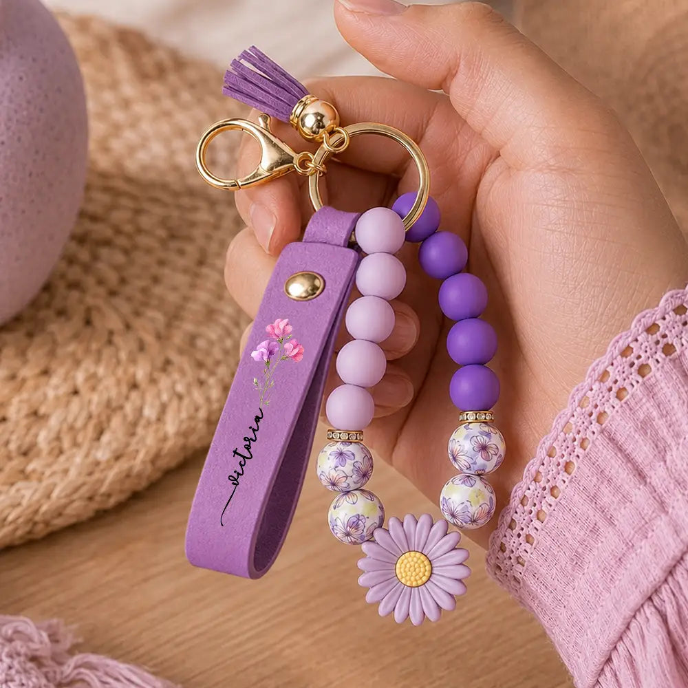 Confident, Icon - Birth Month Flower With Name - Personalized Leather Beaded Keychain