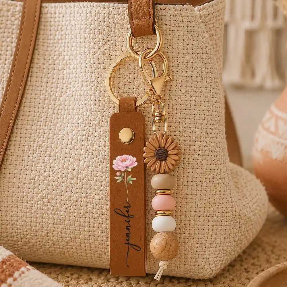 Confident, Icon - Birth Month Flower With Name - Personalized Leather Beaded Keychain