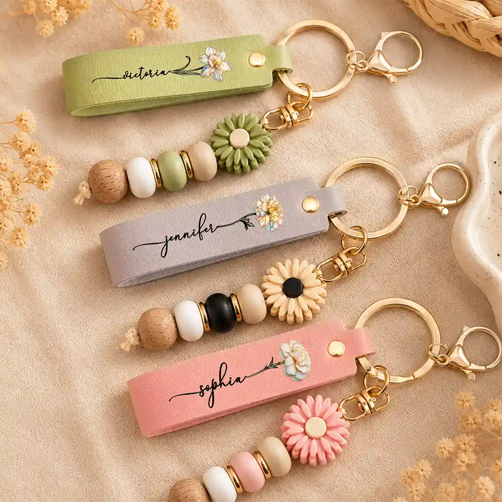 Confident, Icon - Nacre Effect Birth Flower With Name - Personalized Leather Beaded Keychain