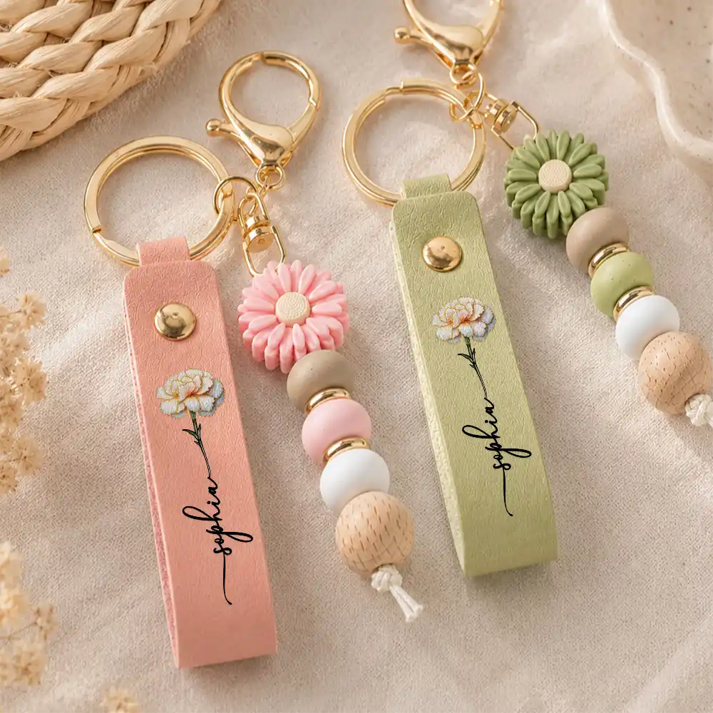 Confident, Icon - Nacre Effect Birth Flower With Name - Personalized Leather Beaded Keychain