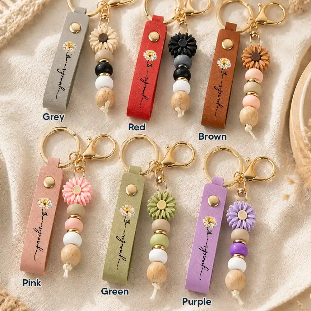 Confident, Icon - Nacre Effect Birth Flower With Name - Personalized Leather Beaded Keychain