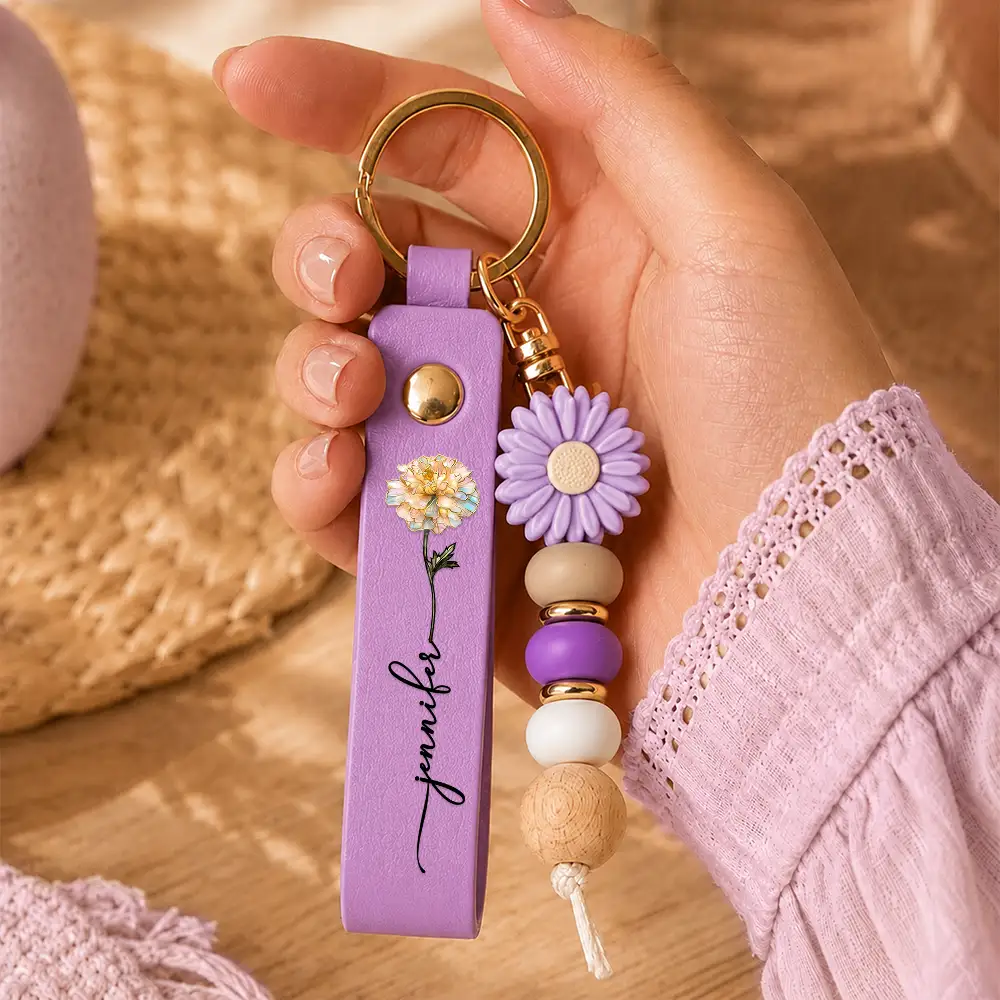 Confident, Icon - Nacre Effect Birth Flower With Name - Personalized Leather Beaded Keychain