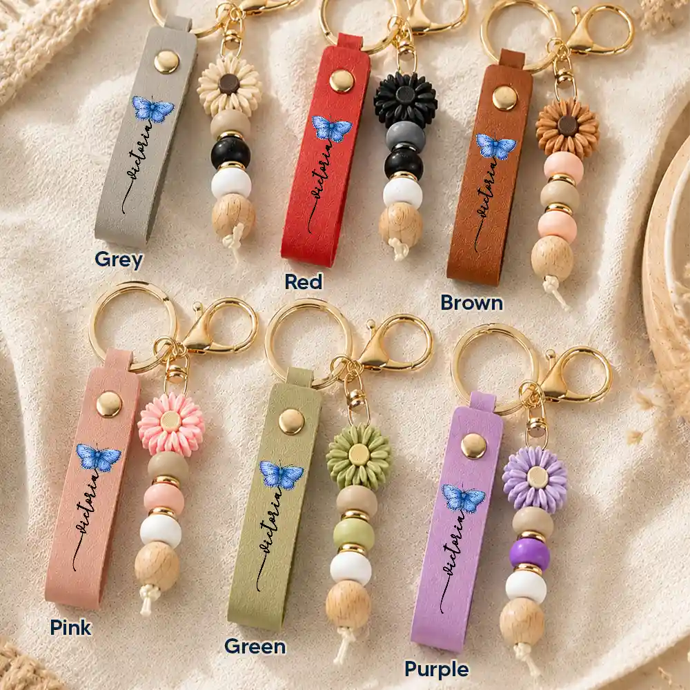Confident, Icon - Colorful Butterflies And Name - Personalized Leather Beaded Keychain