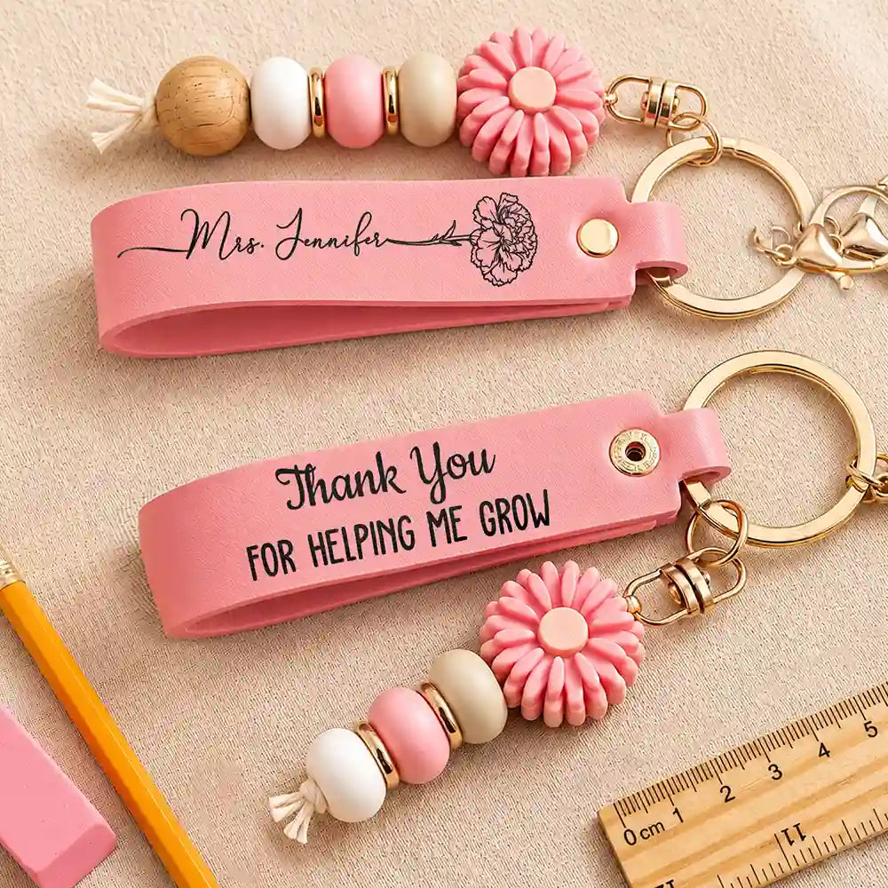 Teacher, Back To School, Proud, Icon - Thank You For Helping Us Grow - Personalized Leather Beaded Keychain