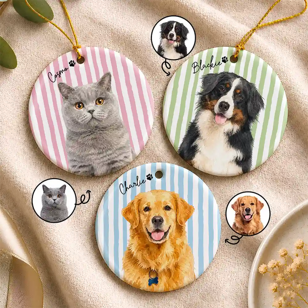 Top Market, Art Design, Playful, Christmas, Custom Photo, Pet Lovers, Photo - Watercolor - Remove BG - Custom Photo Realistic Watercolor Art Happy Dog Cat Pet Colorful Stripe - Personalized Circle Ceramic Ornament