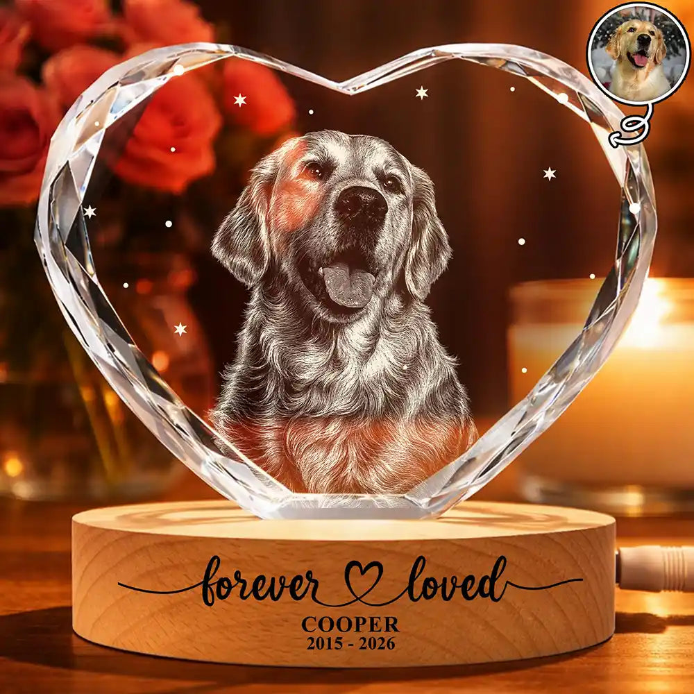 Custom Photo White Pencil Sketch Art Forever Loved Memorial Dog Cat - Personalized Crystal Heart Shaped Lamp