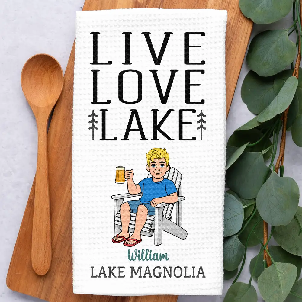 New House,Outdoor Decor,Lake,Gift For Couples,Vector,Happy - Live Love Lake Couple - Personalized Kitchen Towel