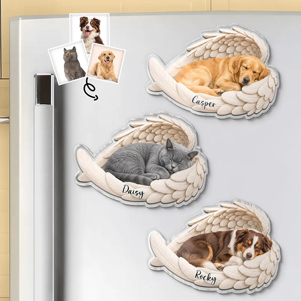 Art Design,Pet Memorial,Cozy,Pet Lovers,Memorial,Photo - Sleeping Pet Angle Wing - Custom Photo Sleeping Angel Remembrance Memorial Dog Cat Pet - Personalized Acrylic Magnet
