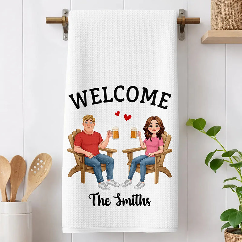 New House, Gift For Couples, Vector, Happy - Welcome New Home Decoration Animate Couple - Personalized Kitchen Towel