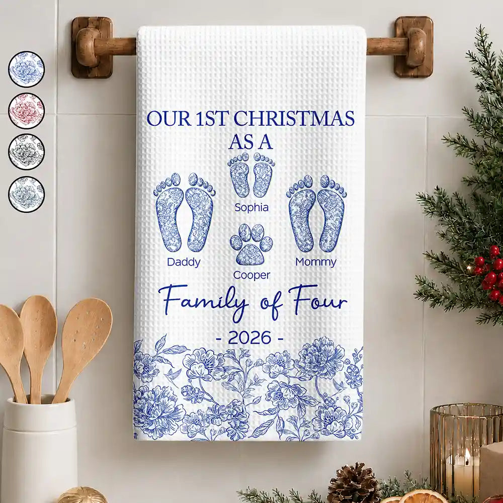 First Christmas As A Family Of Four Toile Footprints - Personalized Kitchen Towel