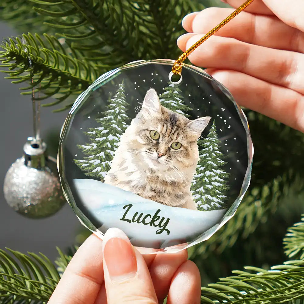 Art Design, Christmas, Cozy, Pet Lovers, Photo - Watercolor - Remove BG - Custom Photo Realistic Watercolor Art Dog Cat Pet - Personalized Circle Glass Ornament