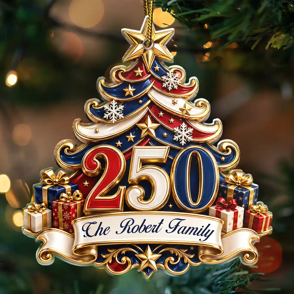 America 250th,Christmas,Proud,Family,Custom Text - 250 Years Of Freedom Christmas Tree - Personalized Custom Shaped Acrylic Ornament