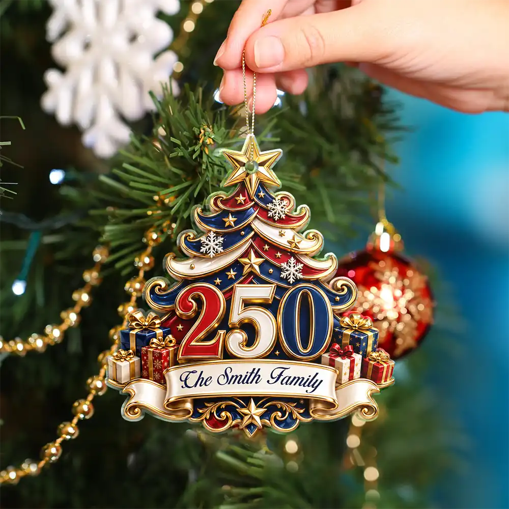 America 250th,Christmas,Proud,Family,Custom Text - 250 Years Of Freedom Christmas Tree - Personalized Custom Shaped Acrylic Ornament