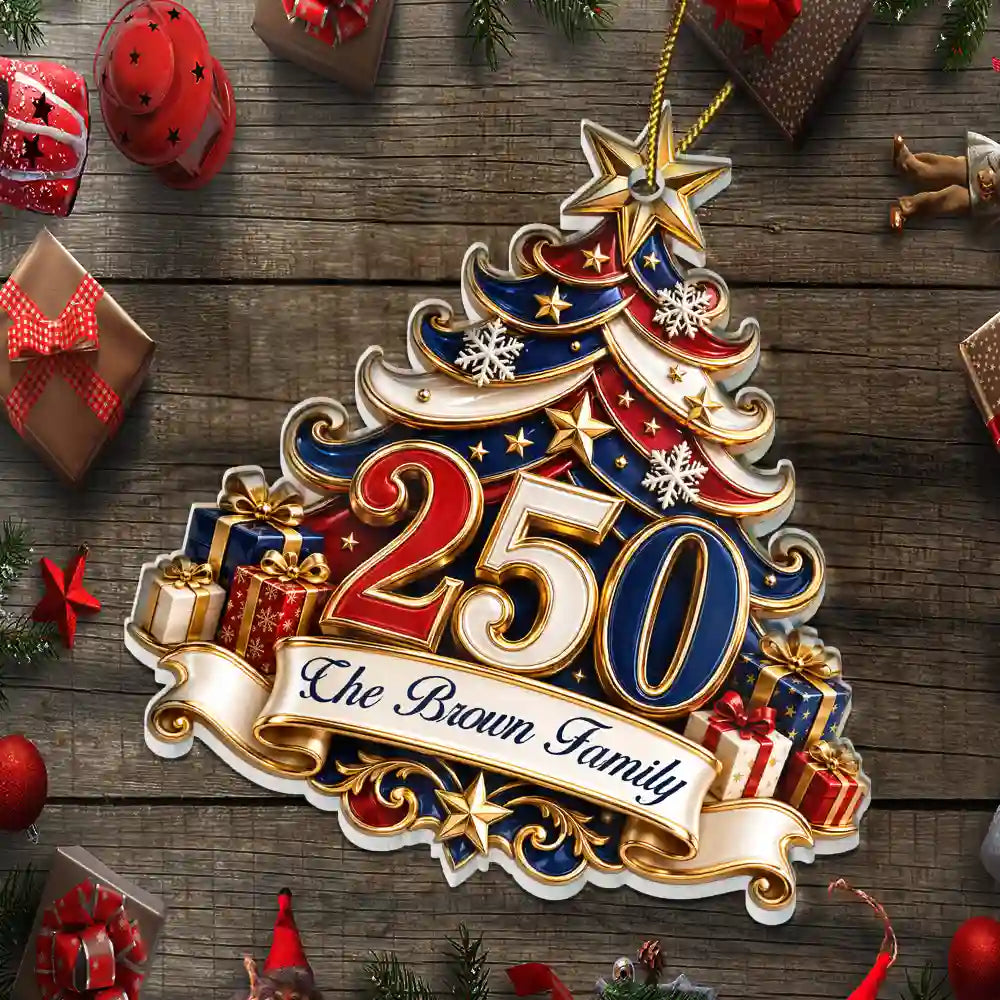 America 250th,Christmas,Proud,Family,Custom Text - 250 Years Of Freedom Christmas Tree - Personalized Custom Shaped Acrylic Ornament
