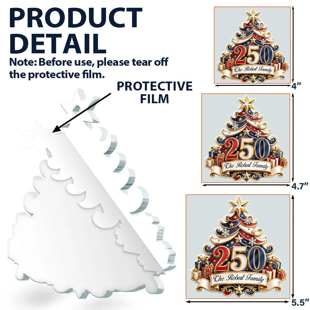 America 250th,Christmas,Proud,Family,Custom Text - 250 Years Of Freedom Christmas Tree - Personalized Custom Shaped Acrylic Ornament