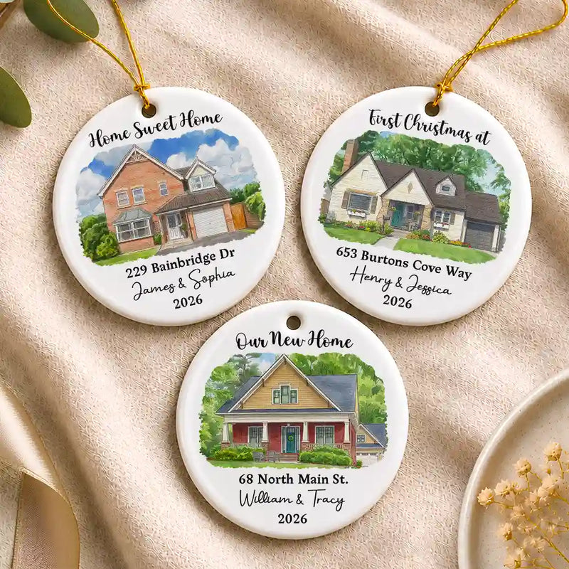 Art Design,Christmas,Gift For Couples,Photo - Vivid Watercolor Art,Happy - Custom Photo Vivid Watercolor Art Our New Home Wedding Gift Husband Wife - Personalized Circle Ceramic Ornament
