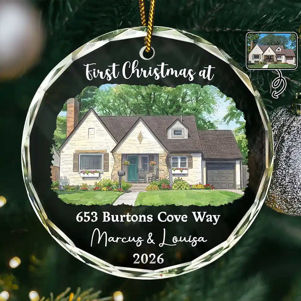 Art Design,Christmas,Gift For Couples,Photo - Vivid Watercolor Art,Happy - Custom Photo Vivid Watercolor Art Our New Home Wedding Gift Husband Wife - Personalized Circle Glass Ornament