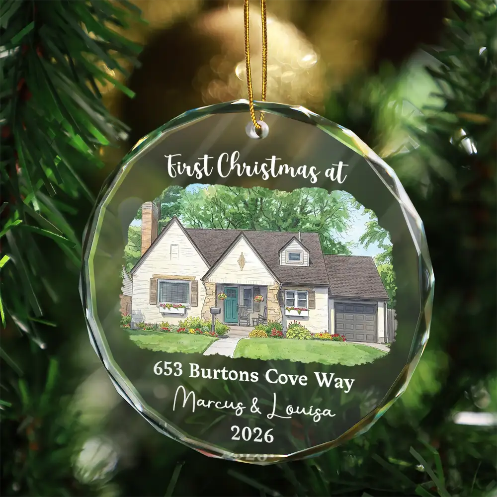Art Design,Christmas,Gift For Couples,Photo - Vivid Watercolor Art,Happy - Custom Photo Vivid Watercolor Art Our New Home Wedding Gift Husband Wife - Personalized Circle Glass Ornament