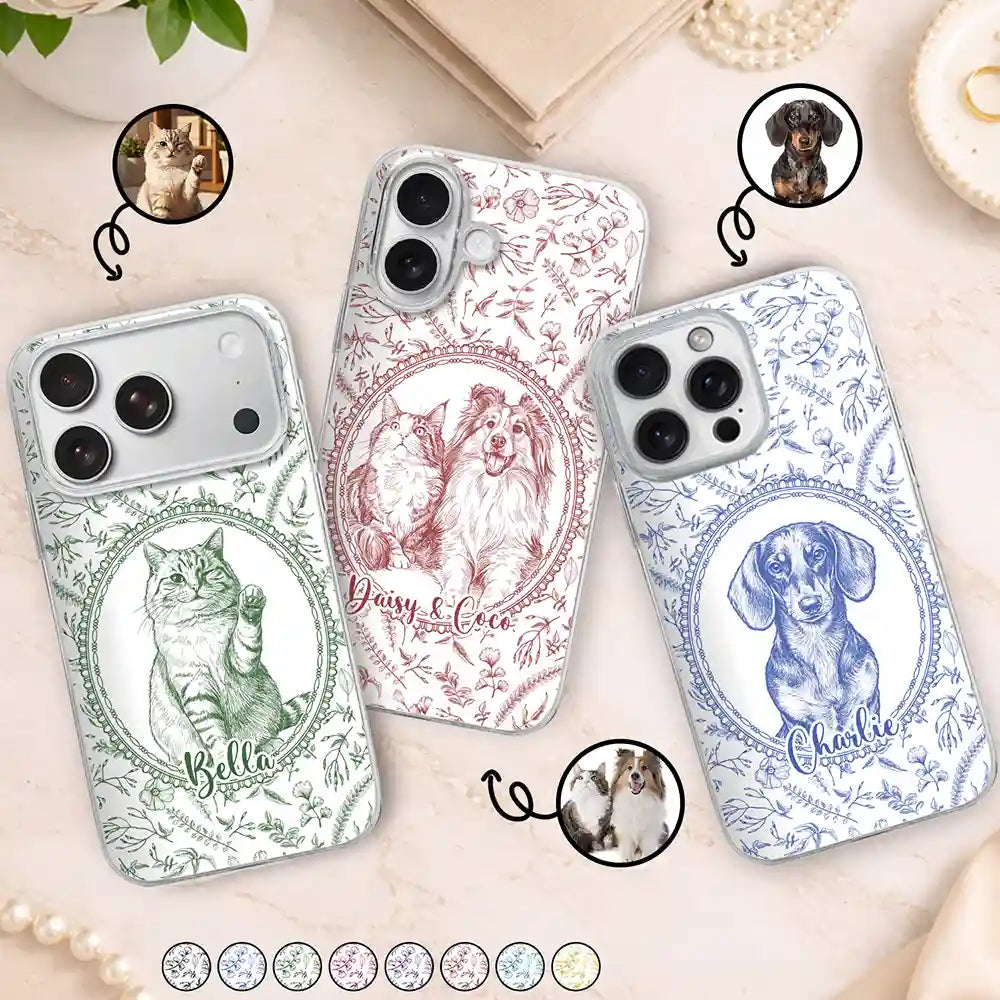 Custom Photo Pencil Sketch Dog Cat Pet Portrait Toile Remembrance - Personalized Clear Phone Case