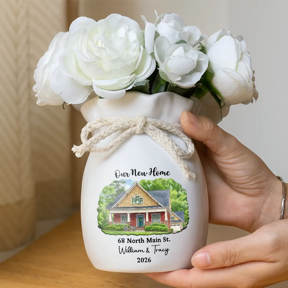 Art Design,New House,Gift For Couples,Photo - Vivid Watercolor Art,Happy - Custom Photo Vivid Watercolor Art Our New Home Wedding Gift Husband Wife - Personalized Ribbon Tie Flower Vase