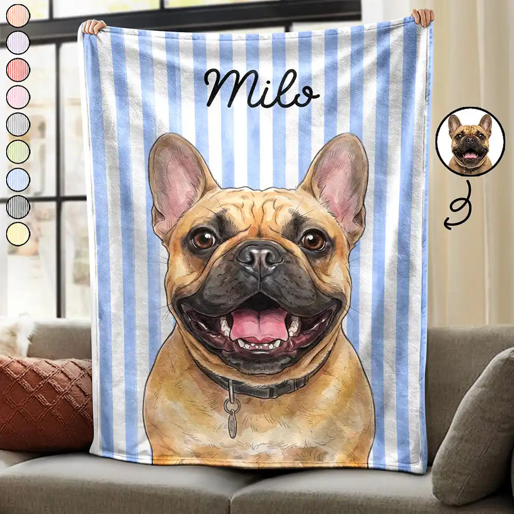 Custom Photo Vivid Watercolor Art Happy Dog Cat Pet Stripe - Personalized Fleece Blanket, Sherpa Blanket