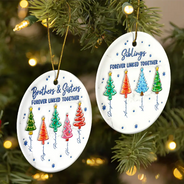 Sentimental,Christmas,Gift For Sibling,Icon - 3D Inflated Effect Pine Trees Brothers & Sisters Forever Linked Together - Personalized Ceramic Ornament
