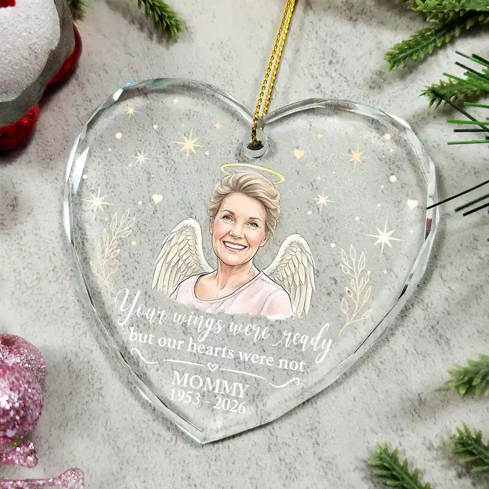 Art Design, Christmas, Custom Photo, Family, Healing, Indoor Decor, Memorial, Memorial Loved One, Photo - Vivid Watercolor Art Memorial - Sympathy Christmas Gift For Loss Of Dad - Personalized Custom Photo Watercolor Your Wings Were Ready Glass Ornament