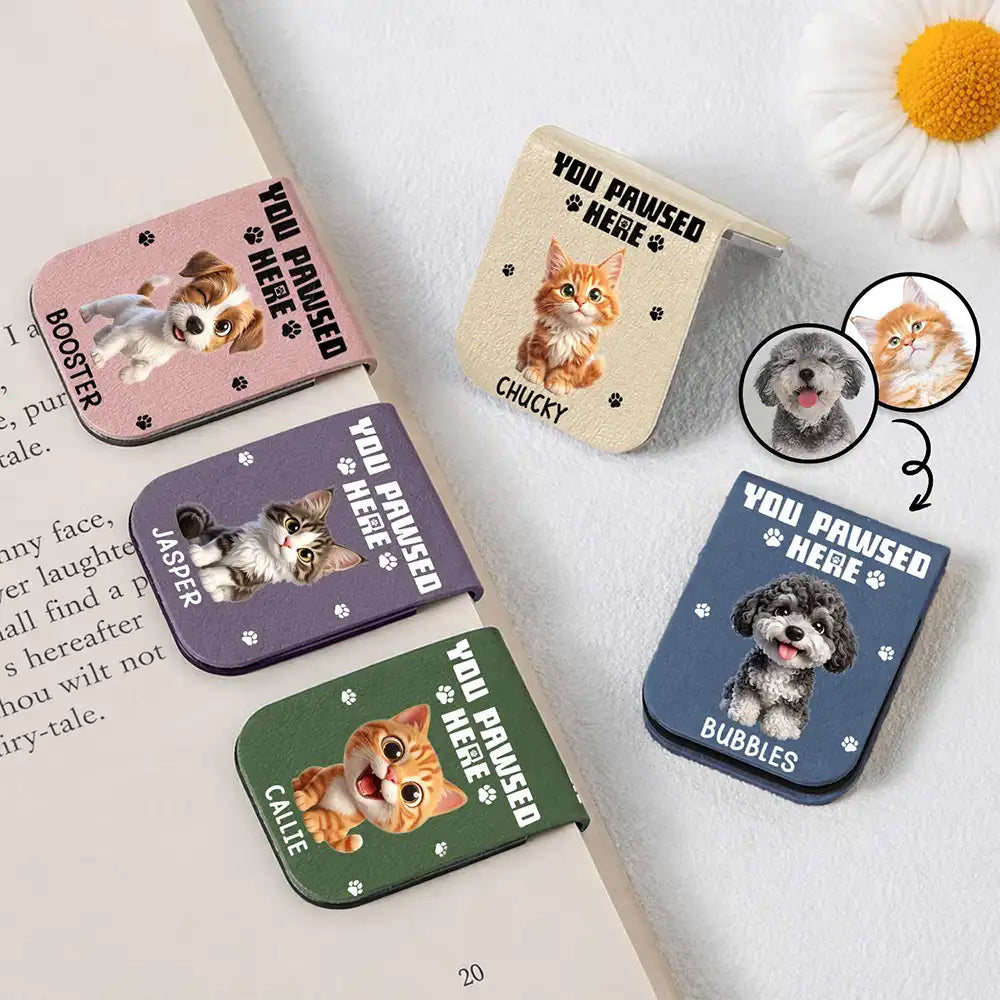 Art Design,Christmas,Custom Photo,Humorous,Pet Lovers,Photo - 3D Chibi Adorable Pet,Reading - Bookish Gifts For Pet Lovers, Book Lovers - Personalized Custom Photo You Pawsed Here Leather Magnetic Bookmark