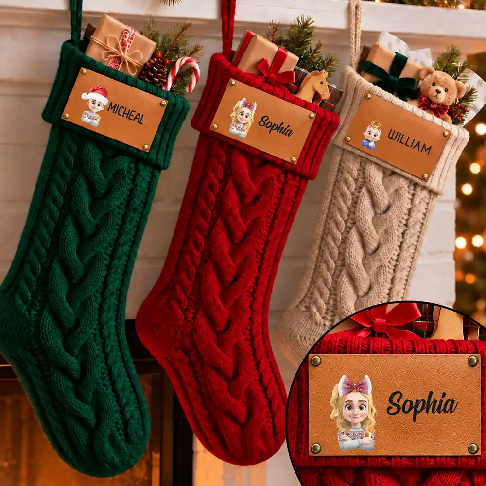 Christmas Gift For Kids, Children, Grandchildren - Personalized 3D Cartoon Characters Leather Patch Knitted Christmas Stocking