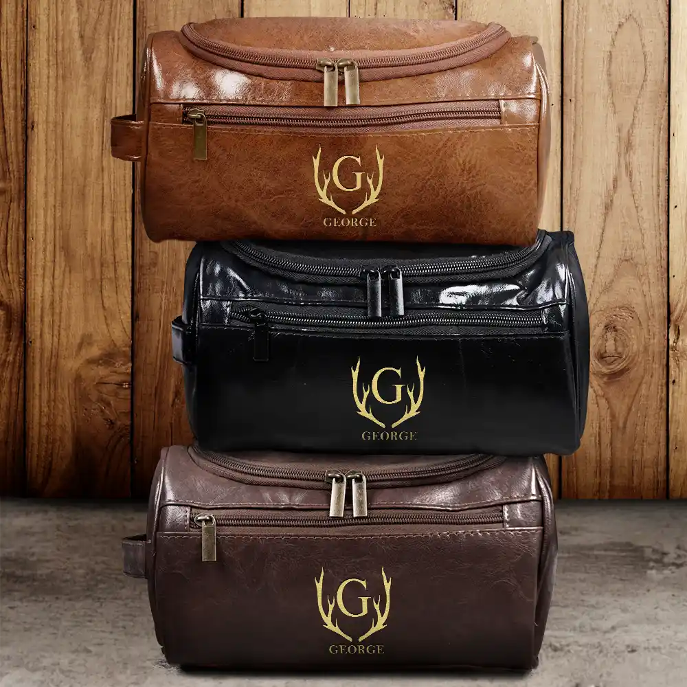 Confident,Gift For Men,Gift For Yourself,Gifts For Him,Monogram,Top Market - Gift For Men, Husband, Dad - Personalized Monogram Vintage Leather Toiletry Bag