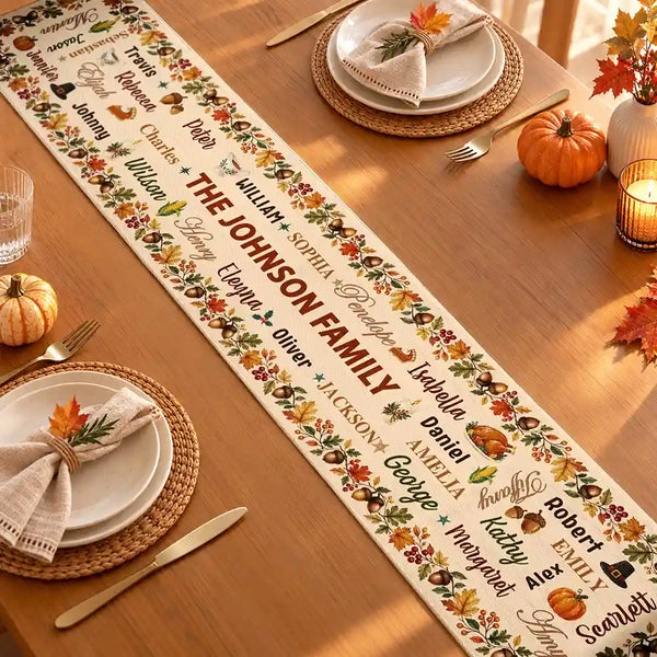 Custom Text,Gift For Grandma,Gifts For Her,Happy,Indoor Decor,Thanksgiving - Thanksgiving Table Decor For Family Gathering - Personalized Fall Foliage Family Names Table Runner