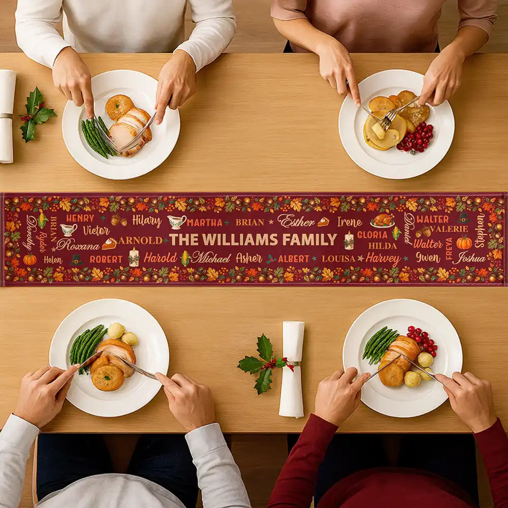 Custom Text,Gift For Grandma,Gifts For Her,Happy,Indoor Decor,Thanksgiving - Thanksgiving Table Decor For Family Gathering - Personalized Fall Foliage Family Names Table Runner