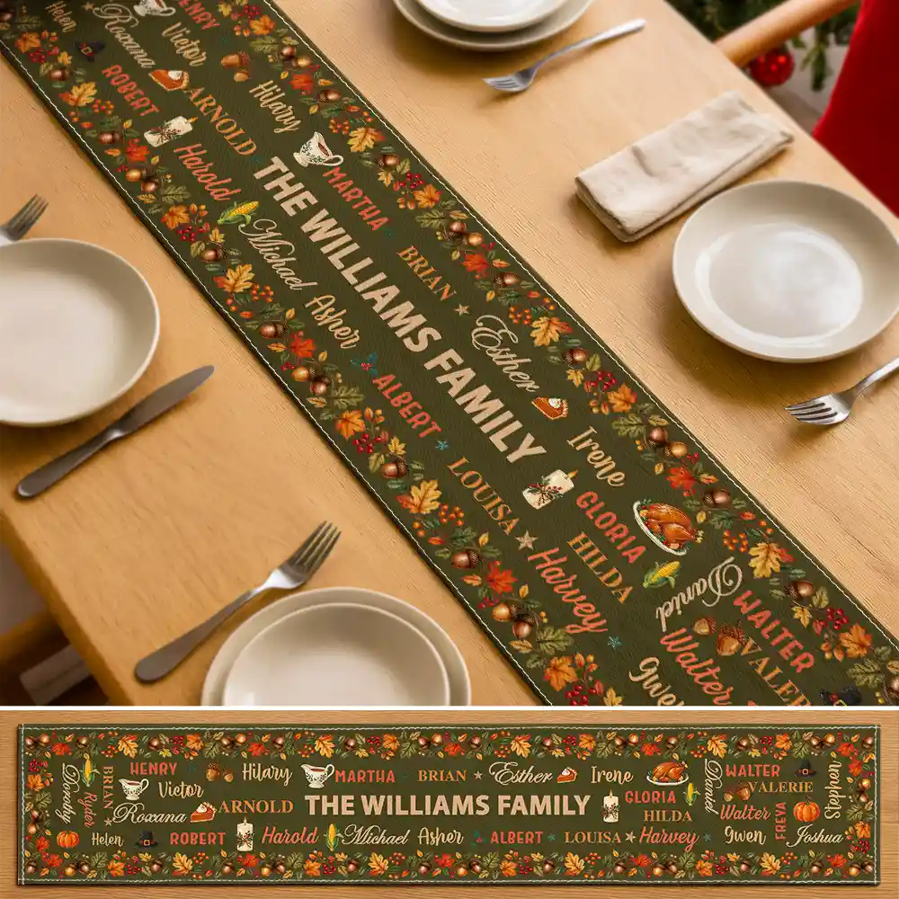 Custom Text,Gift For Grandma,Gifts For Her,Happy,Indoor Decor,Thanksgiving - Thanksgiving Table Decor For Family Gathering - Personalized Fall Foliage Family Names Table Runner