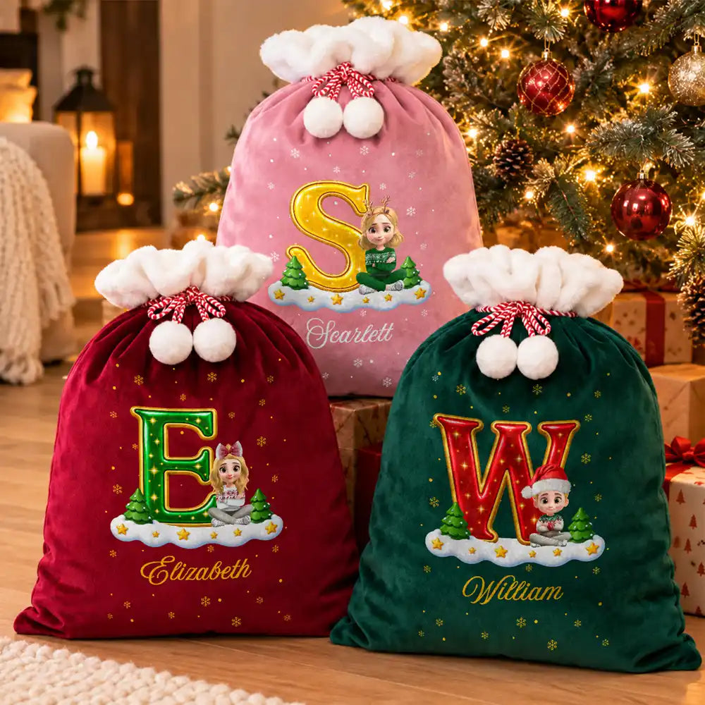 Christmas, Family, Happy, Vector - Christmas Gifts For Family Kids - Personalized Monogram With Character Velvet Favor Bag