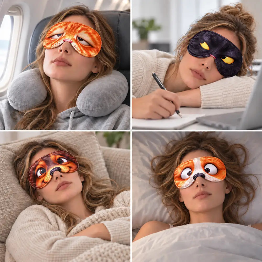 Christmas,Humorous,Icon,Pet Lovers,Travel - Travel Gift For Dog Lovers, Cat Lovers - Personalized Cartoon Dog And Cat Face Expression Funny Sleep Mask