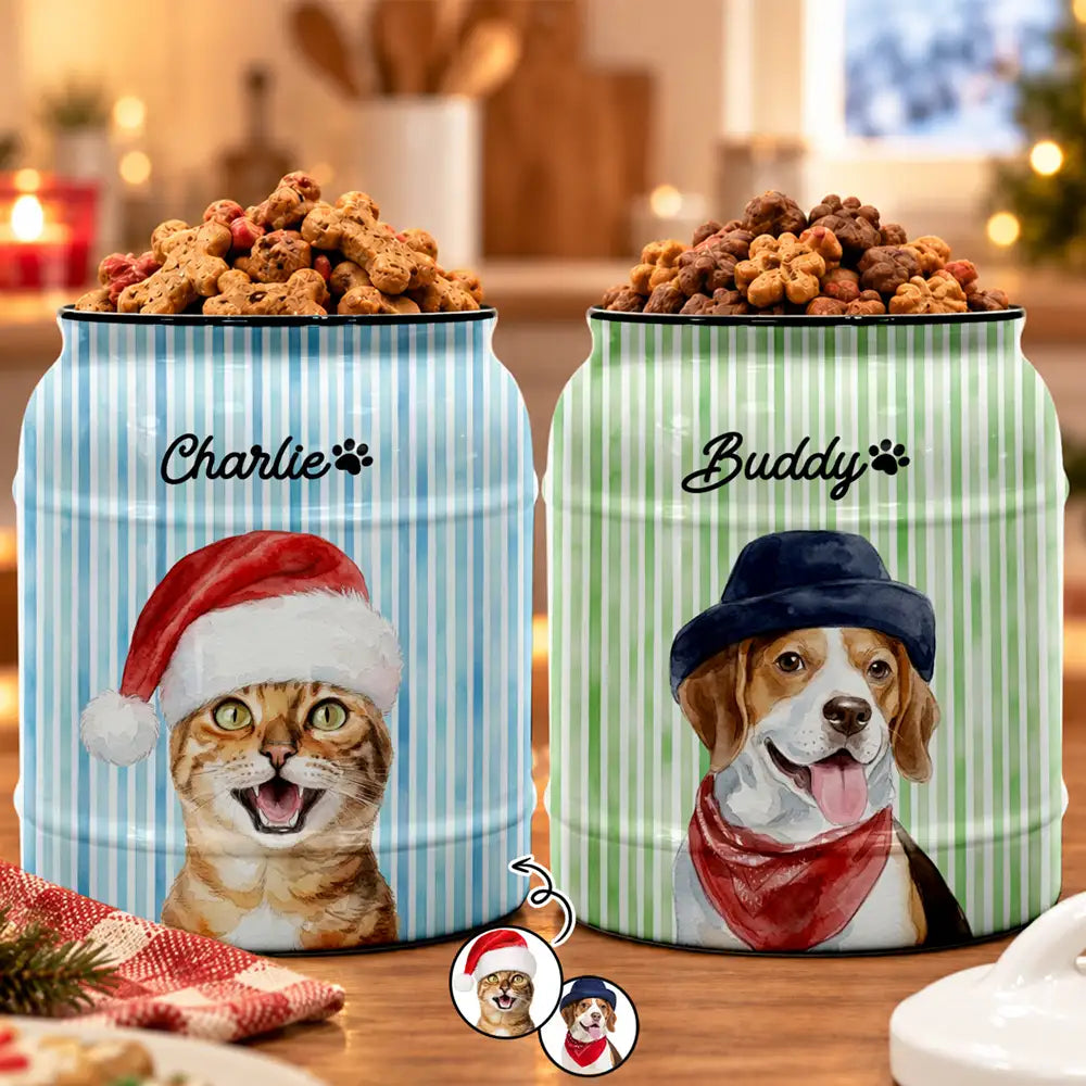 Dog Cat Treat Storage Gift For Pet Lovers - Personalized Custom Photo Watercolor Pet Portrait Striped Pattern Cookie Jar