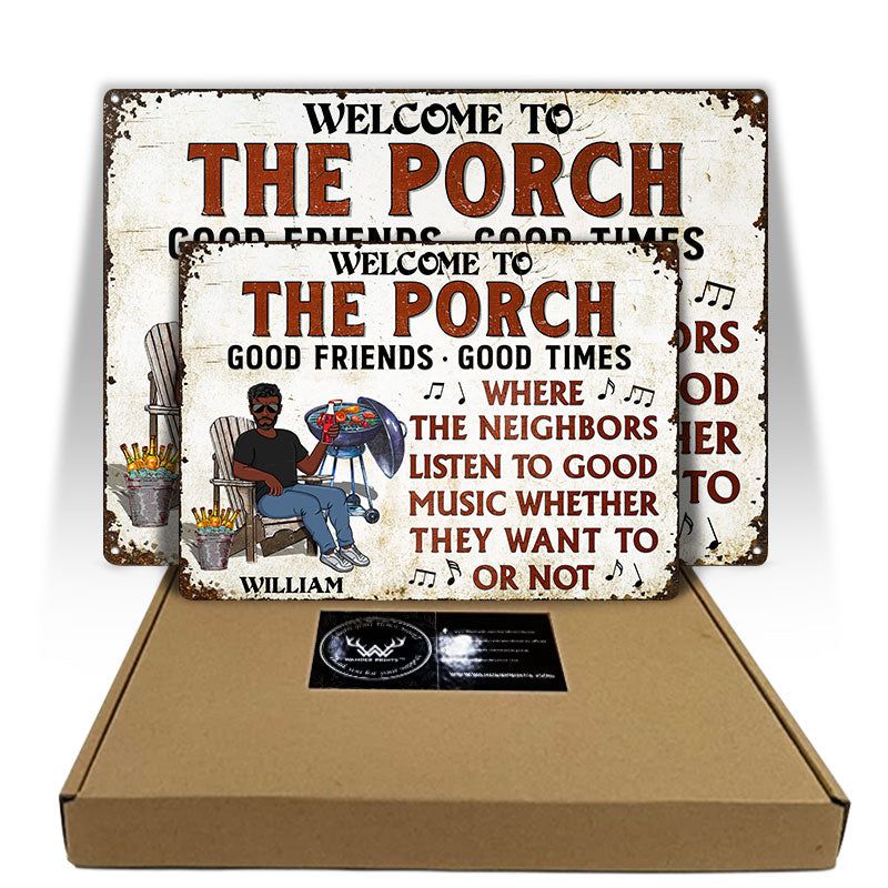 Panneau de jardin personnalisé avec inscription « Bar sur terrasse grillagée » : écoutez de la bonne musique. Panneau en métal classique personnalisé.