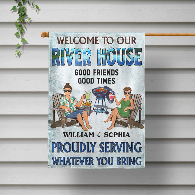 Grillades au bord de la piscine Écoutez de la bonne musique Couple Mari Femme - Drapeau personnalisé