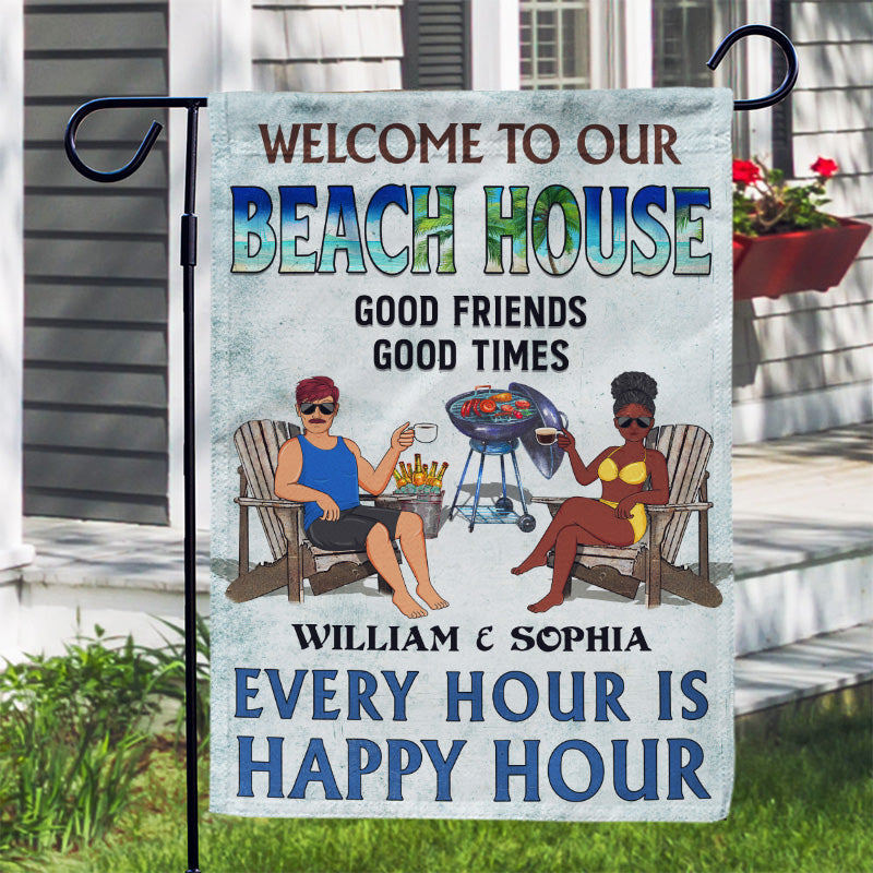 Grillades au bord de la piscine Écoutez de la bonne musique Couple Mari Femme - Drapeau personnalisé