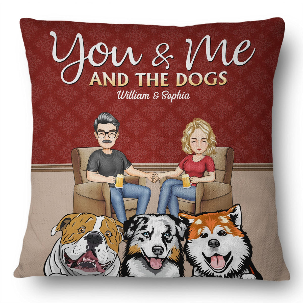 Toi, moi et les chiens, chats et bébés en fourrure - Cadeau de décoration d'extérieur pour la famille, les couples et les amoureux des animaux - Oreiller personnalisé